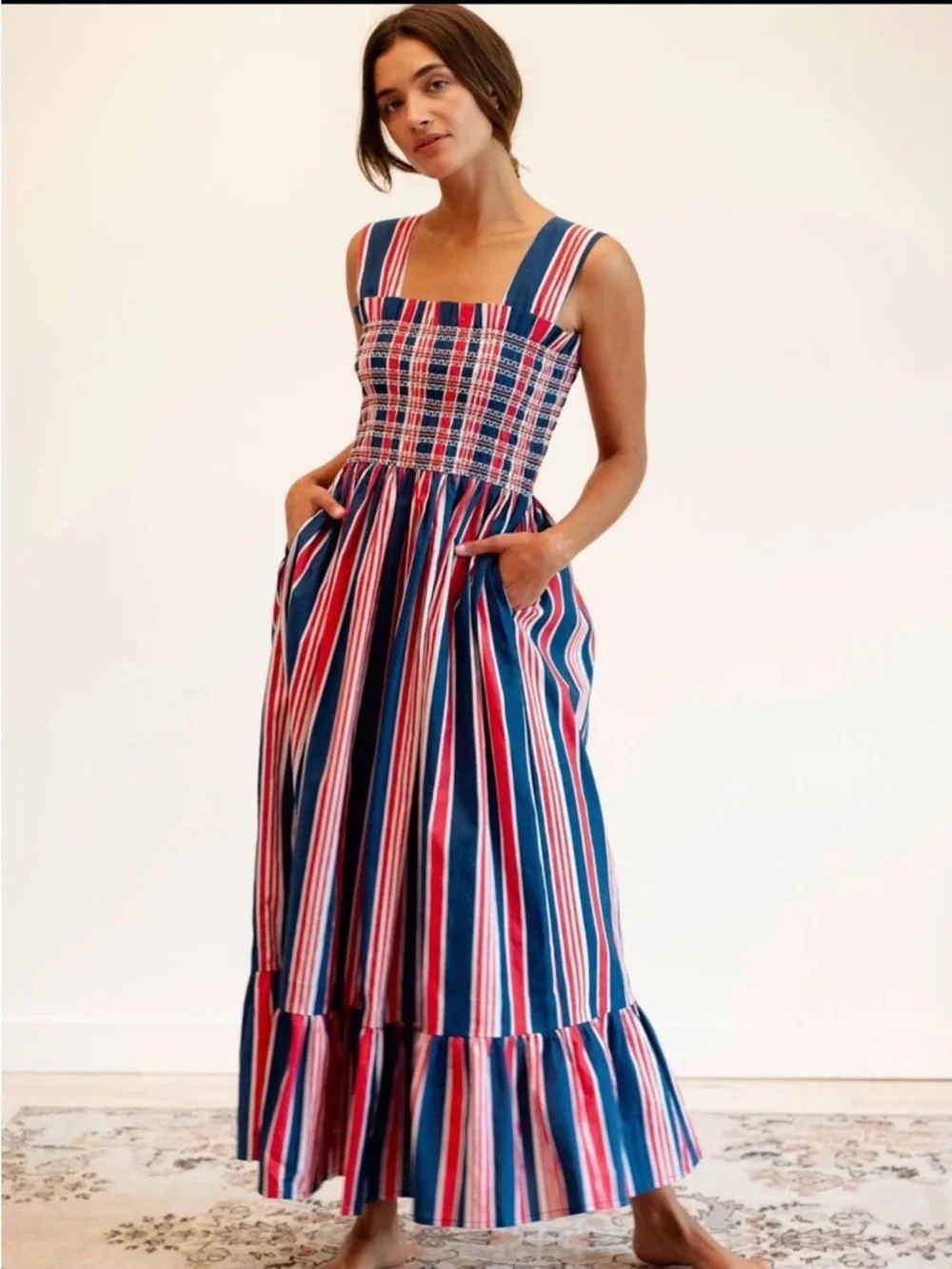 Mille Garden Dress Jaipur Stripe Blue Green White Smocked Maxi XS NWT - Picture 2 of 5
